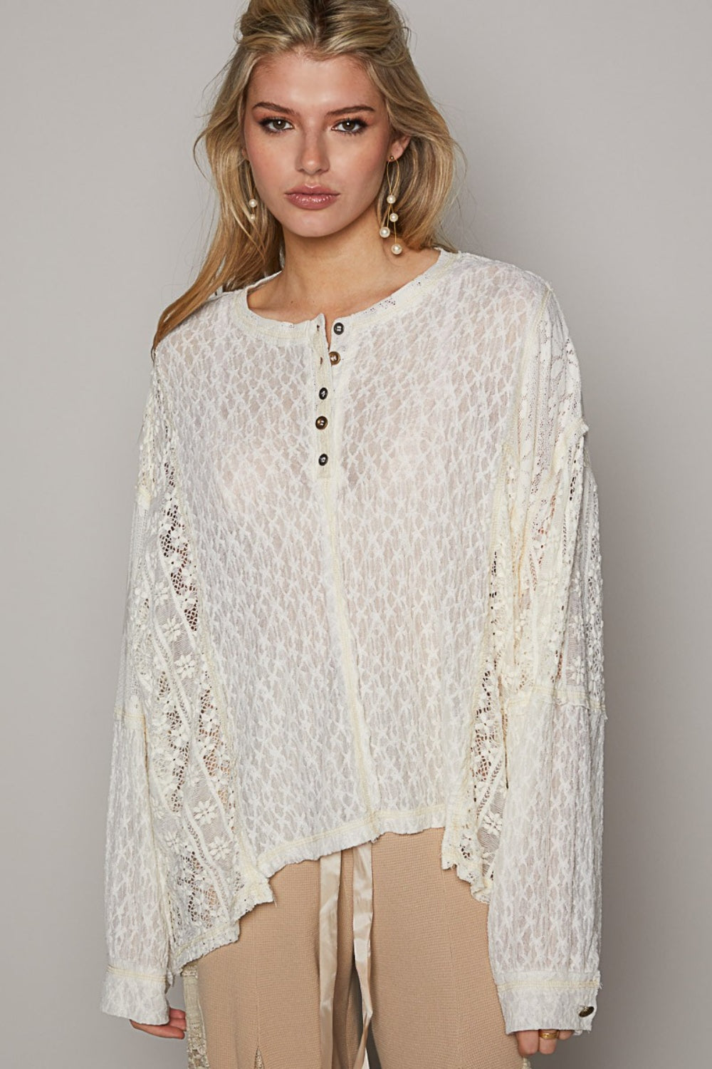 POL Round Neck Long Sleeve Raw Edge Lace Top - The Goddess Galleries