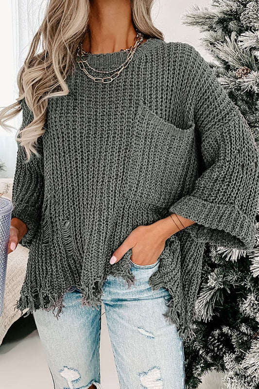 Distressed Round Neck Drop Shoulder Sweater - The Goddess Galleries