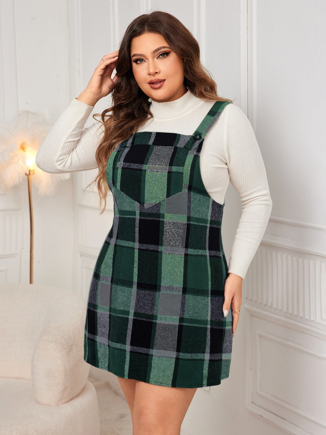 Honey Plus Size Plaid Wide Strap Overall Dress - The Goddess Galleries