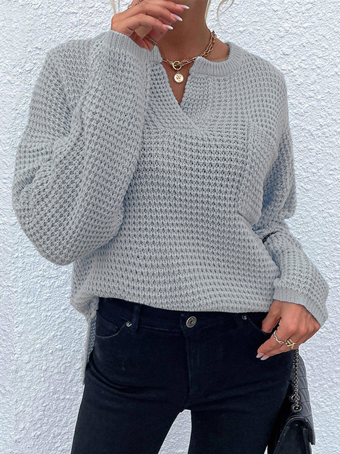 Notched Long Sleeve Sweater - The Goddess Galleries