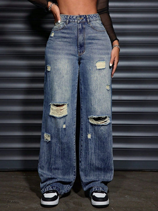 Distressed Wide Leg Jeans with Pockets - The Goddess Galleries