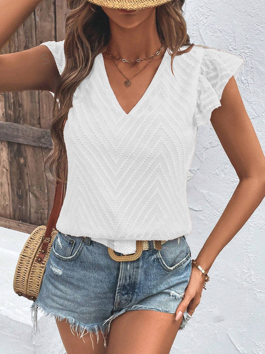 Textured V-Neck Cap Sleeve Blouse - The Goddess Galleries
