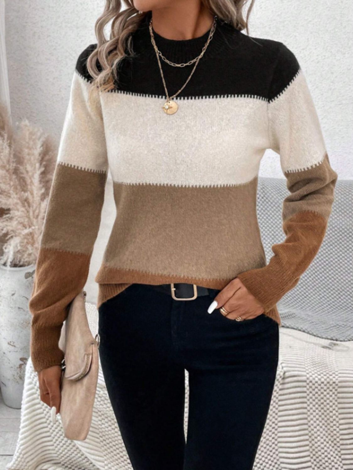 Color Block Mock Neck Long Sleeve Sweater - The Goddess Galleries