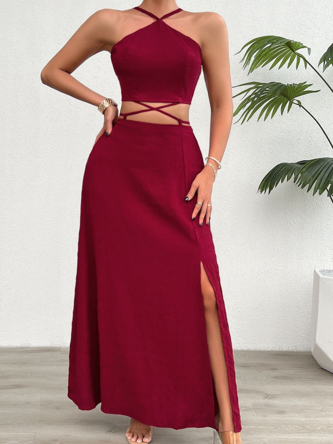 Devine Grecian Neck Top and Slit Skirt Set - The Goddess Galleries
