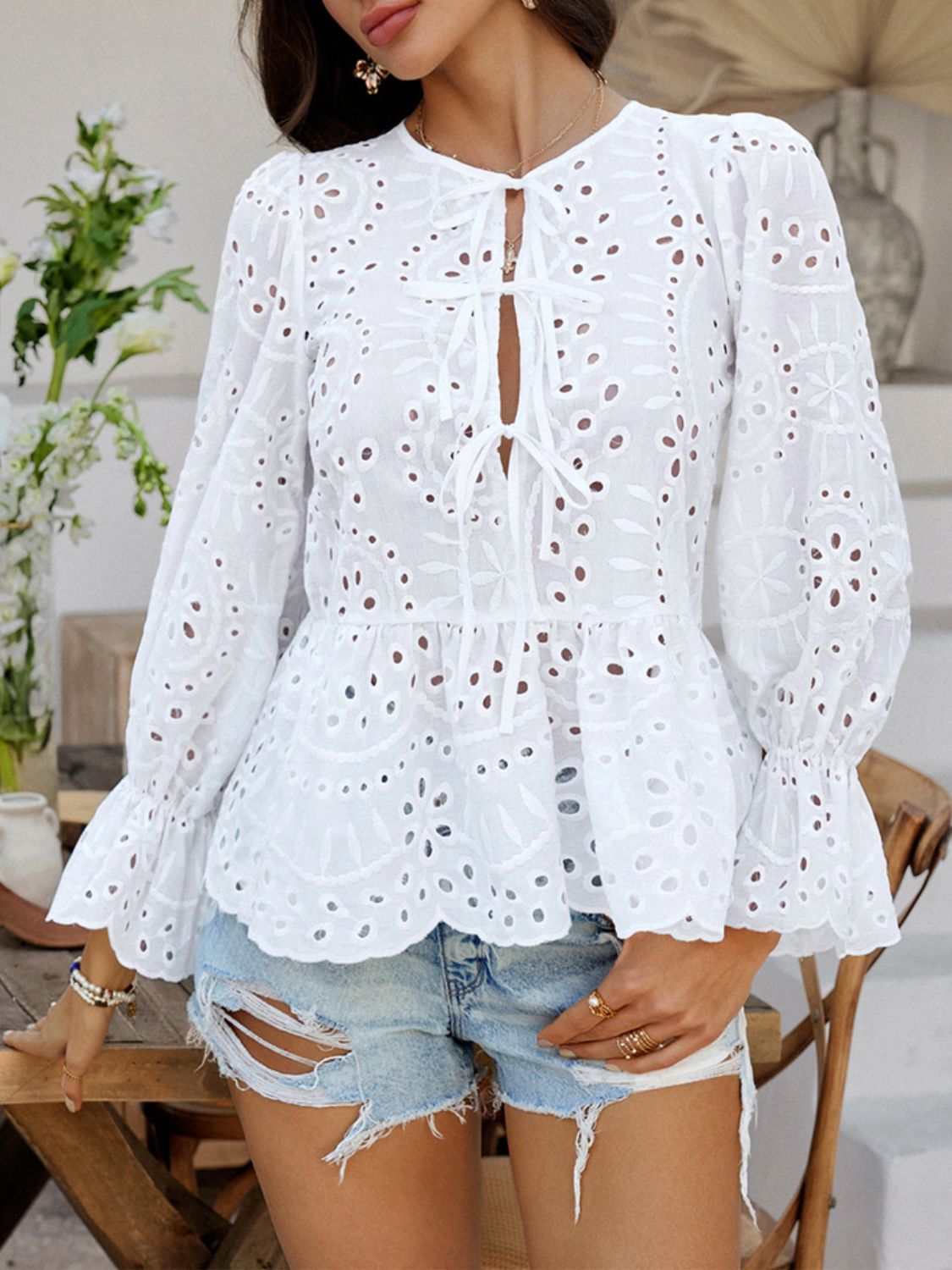Devine Tie Front Flounce Sleeve Peplum Blouse - The Goddess Galleries