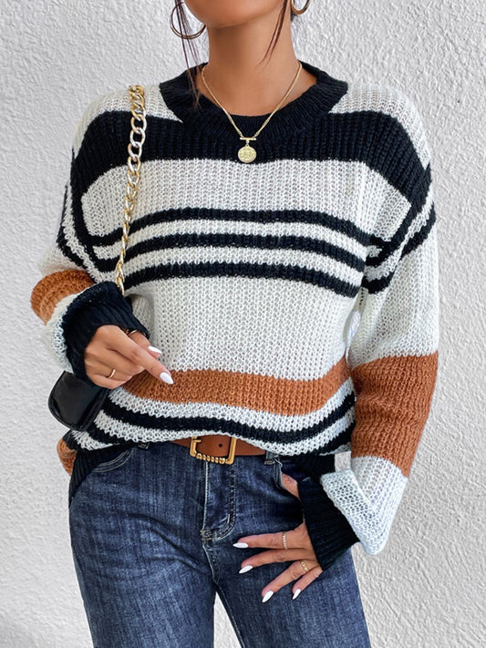 Contrast Striped Round Neck Long Sleeve Sweater - The Goddess Galleries