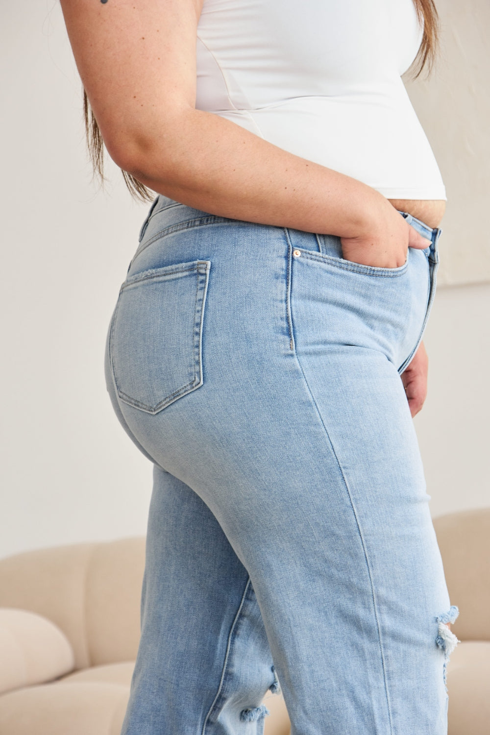 RFM Full Size Tummy Control High Waist Raw Hem Distressed Jeans - The Goddess Galleries