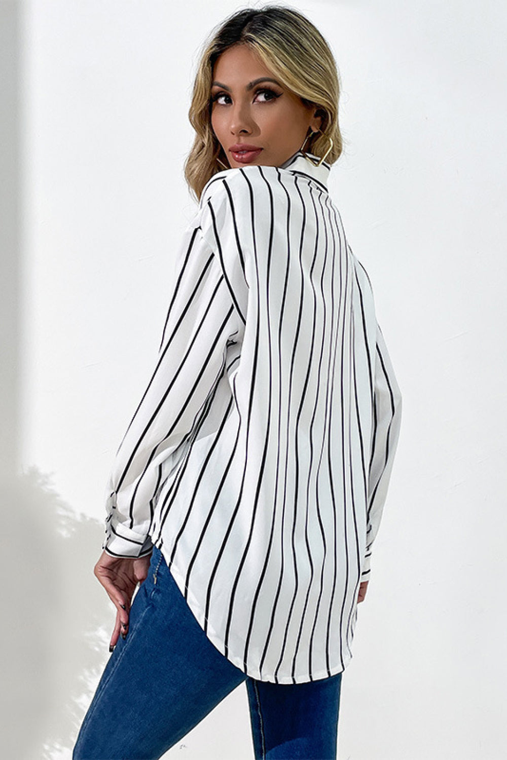 Perfee Vertical Stripes Button Down Shirt - The Goddess Galleries