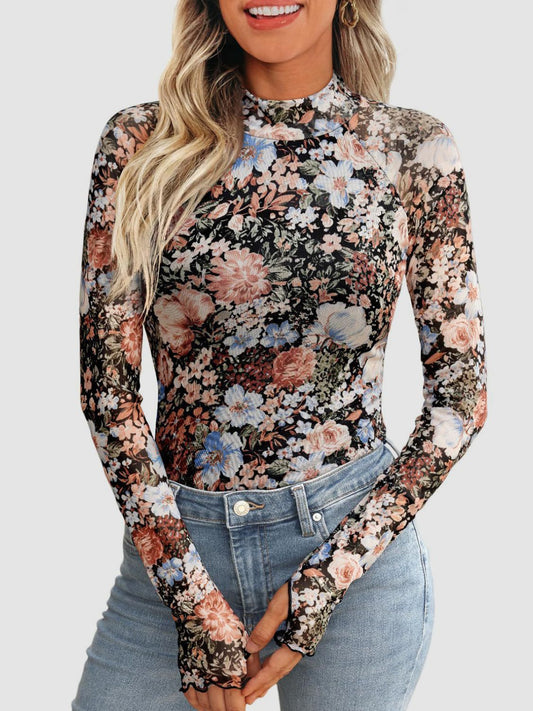 Floral Mock Neck Long Sleeve T-Shirt - The Goddess Galleries