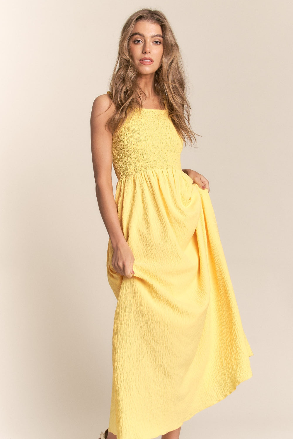 J.NNA Texture Crisscross Back Tie Smocked Maxi Dress - The Goddess Galleries