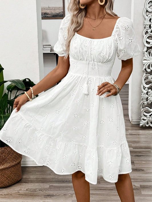 Smocked Eyelet Square Neck Puff Sleeve Mini Dress - The Goddess Galleries