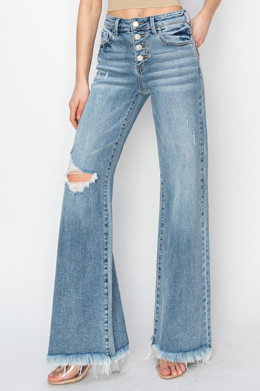 RISEN Mid Rise Button Fly Wide Leg Jeans - The Goddess Galleries