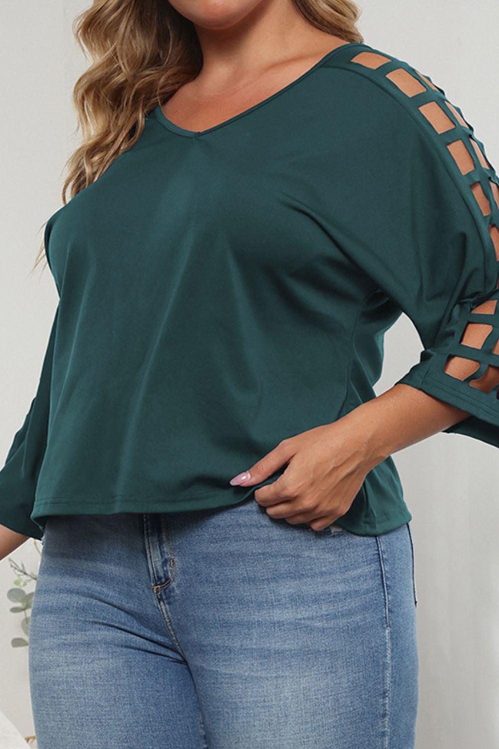 Plus Size Cutout Three-Quarter Sleeve Blouse - The Goddess Galleries