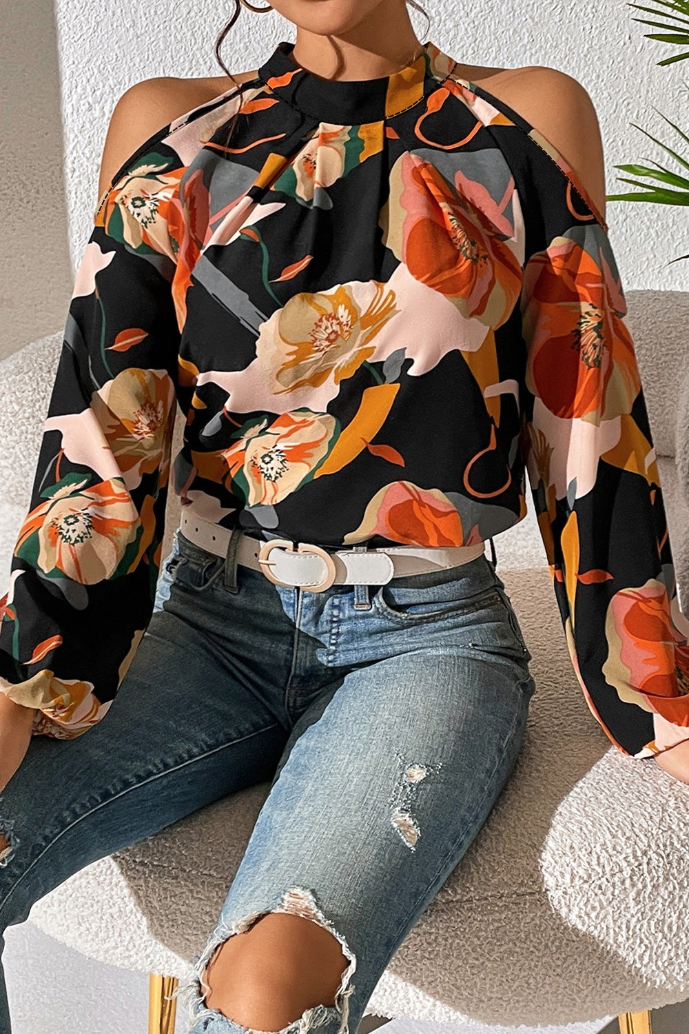 Floral Cold Shoulder Balloon Sleeve Blouse - The Goddess Galleries