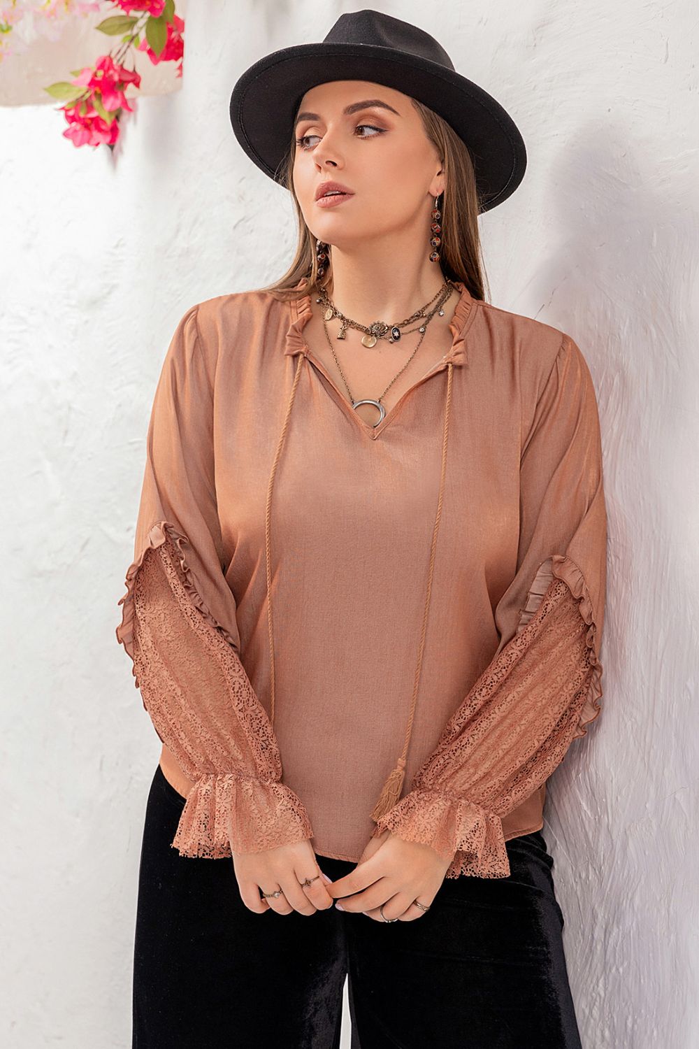 Plus Size Tie Neck Flounce Sleeve Blouse - The Goddess Galleries