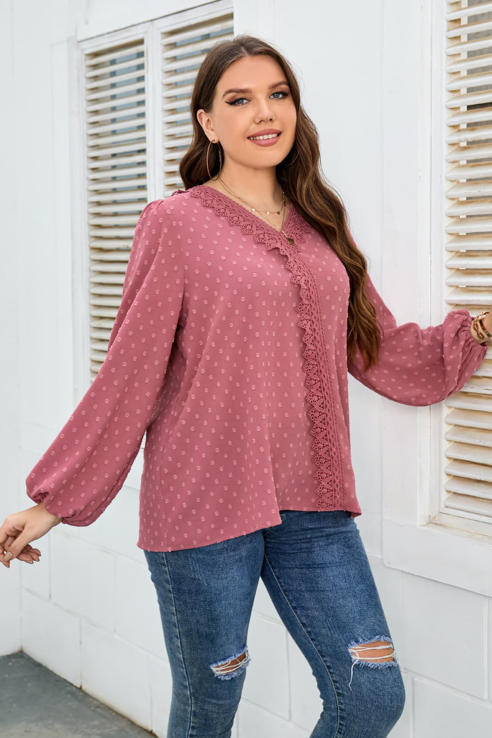 Honey Melo Apparel Plus Size Lace Trim V-Neck Balloon Sleeve Blouse - The Goddess Galleries