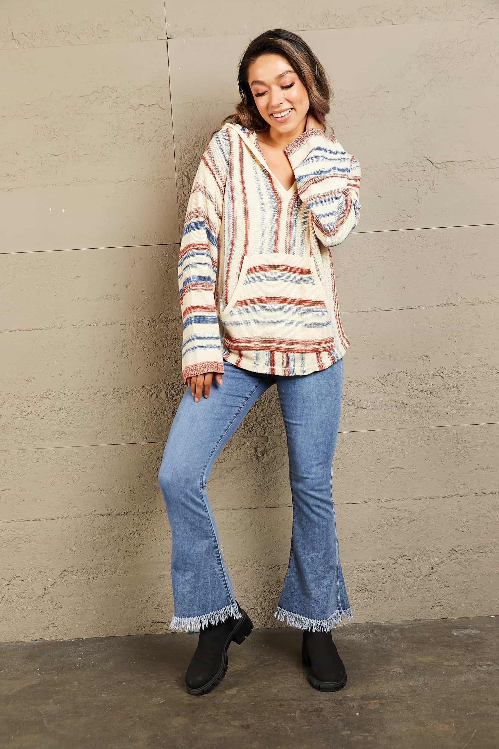 Striped Hooded Sweater with Kangaroo Pocket - The Goddess Galleries