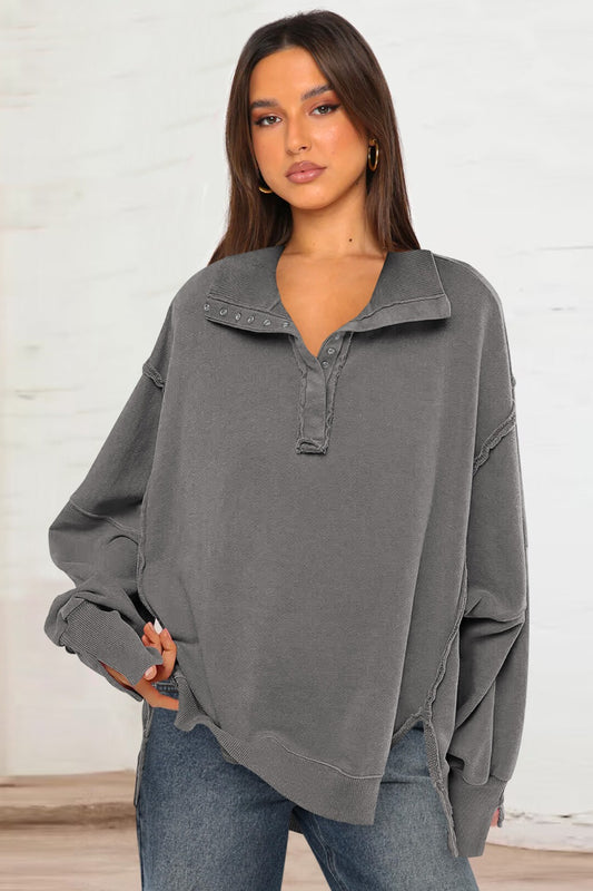 Exposed Seam Side Slit Long Sleeve Sweatshirt - The Goddess Galleries