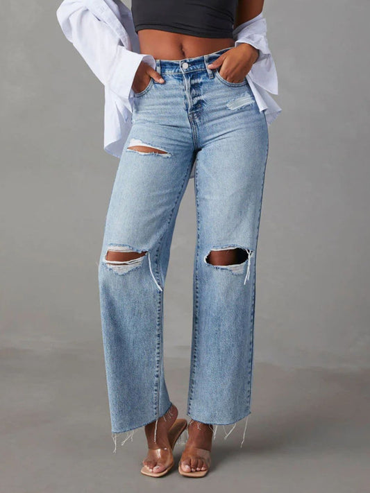 Distressed Straight Leg Jeans with Pockets - The Goddess Galleries