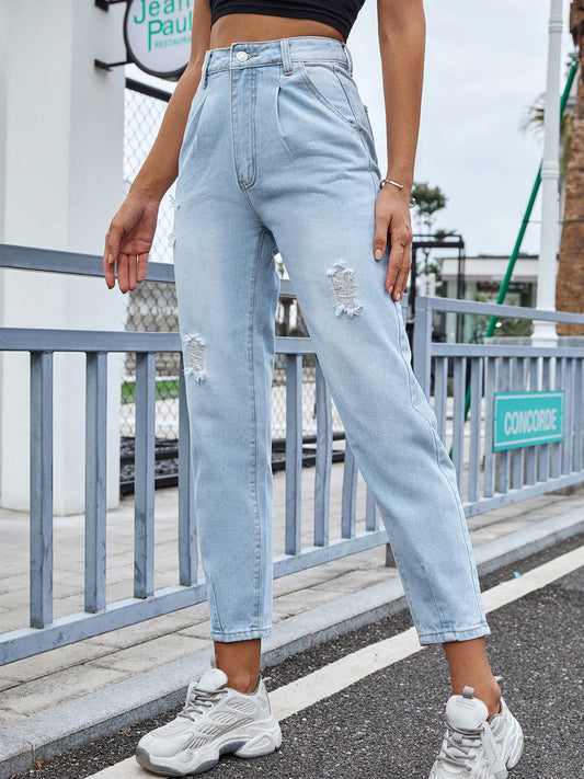 Distressed Straight Jeans with Pockets - The Goddess Galleries