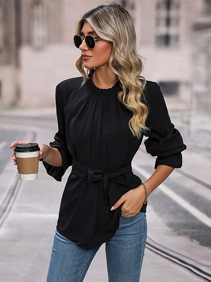 Perfee Round Neck Tie Waist Long Sleeve Blouse - The Goddess Galleries