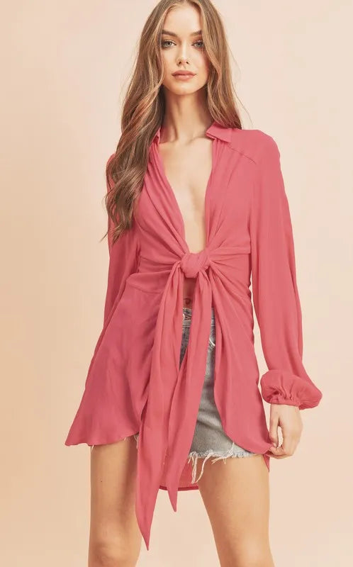 Aemi + Co Tied Collared Neck Long Sleeve Top - The Goddess Galleries