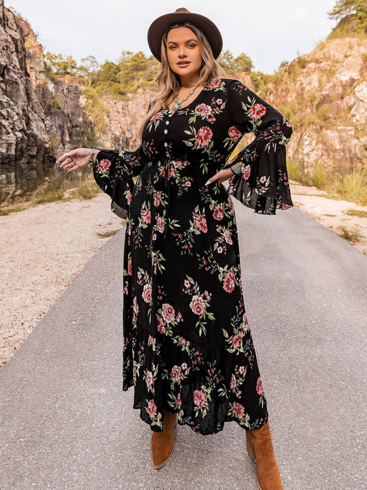 Plus Size Floral Flare Sleeve Dress - The Goddess Galleries