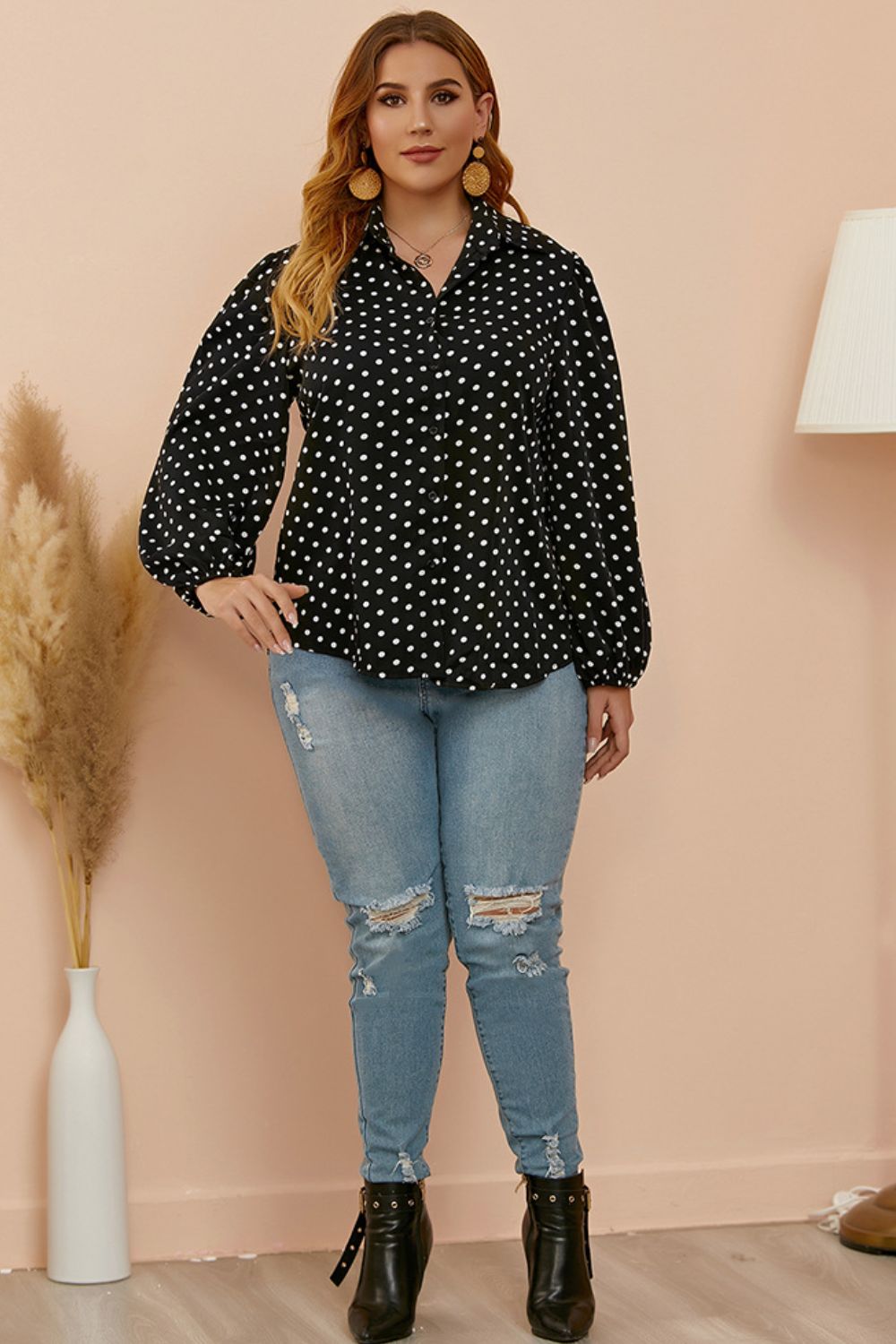Plus Size Polka Dot Balloon Sleeve Shirt - The Goddess Galleries