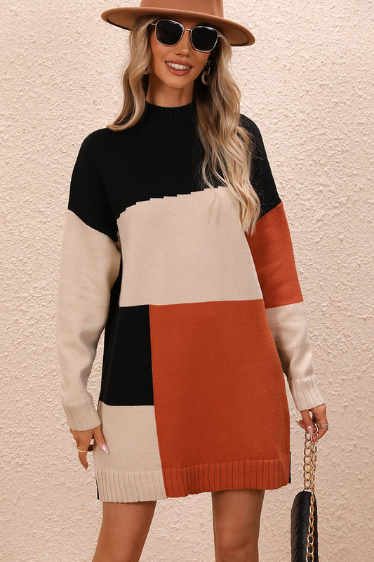 Color Block Mock Neck Dropped Shoulder Sweater Dress - The Goddess Galleries