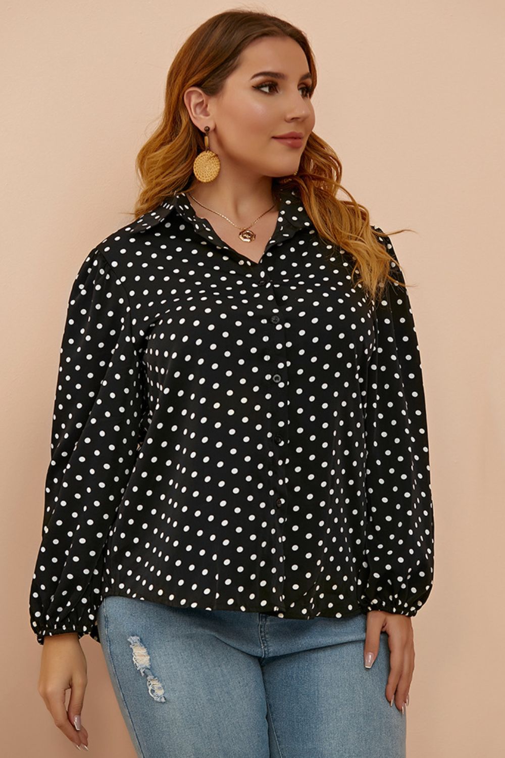 Plus Size Polka Dot Balloon Sleeve Shirt - The Goddess Galleries