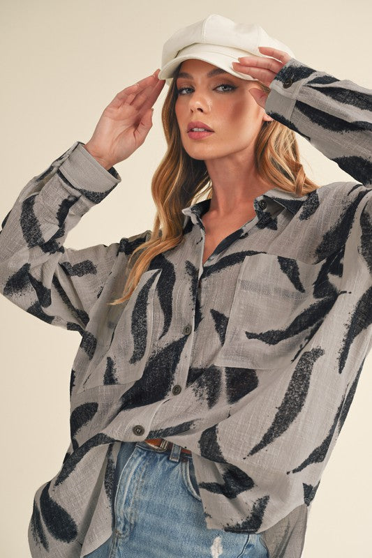 Aemi + Co High-Low Printed Button Up Long Sleeve Shirt - The Goddess Galleries