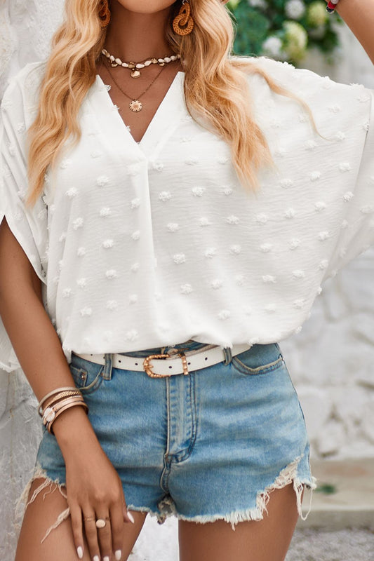 Swiss Dot Notched Half Sleeve Blouse - The Goddess Galleries