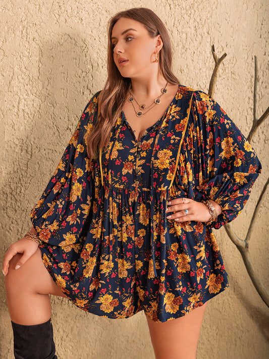 Plus Size Floral Tie Neck Balloon Sleeve Romper - The Goddess Galleries