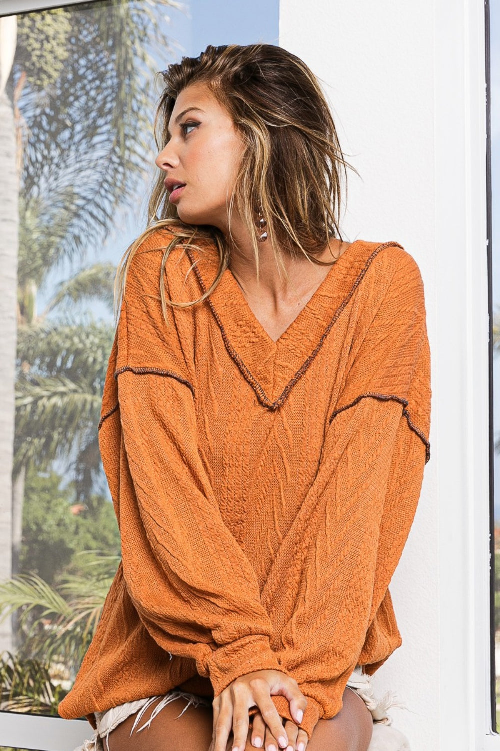 BiBi Textured Exposed Seam Drop Shoulder Knit Top - The Goddess Galleries