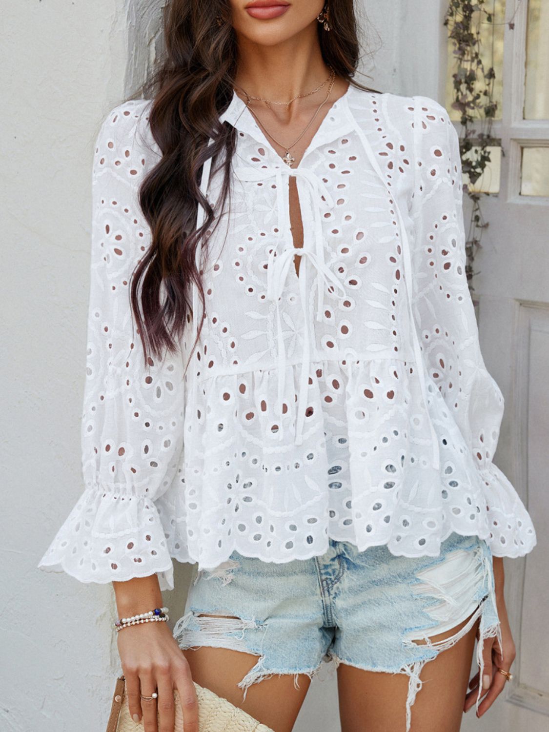 Devine Tie Front Flounce Sleeve Peplum Blouse - The Goddess Galleries