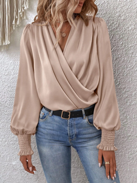 Surplice Smocked Lantern Sleeve Blouse - The Goddess Galleries