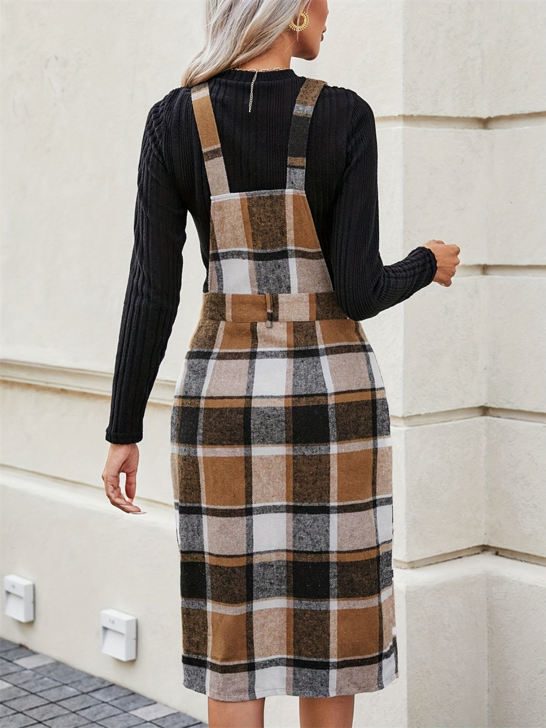 Slit Plaid Wide Strap Overall Dress - The Goddess Galleries