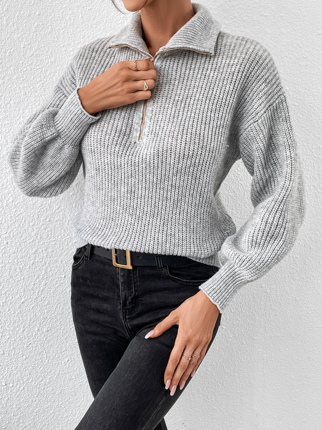 Honey Half Zip Dropped Shoulder Sweater - The Goddess Galleries