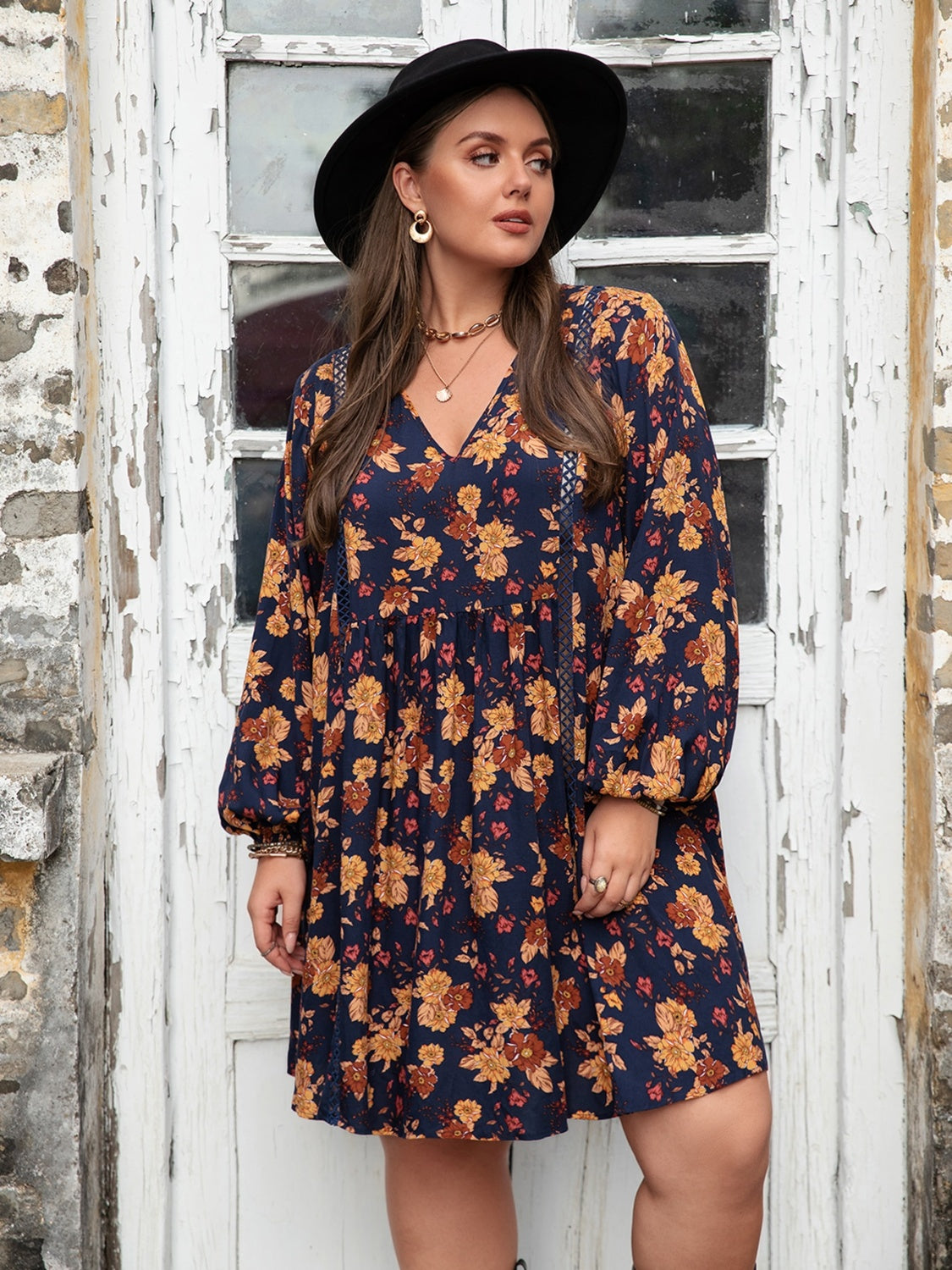 Plus Size Floral V-Neck Balloon Sleeve Dress - The Goddess Galleries