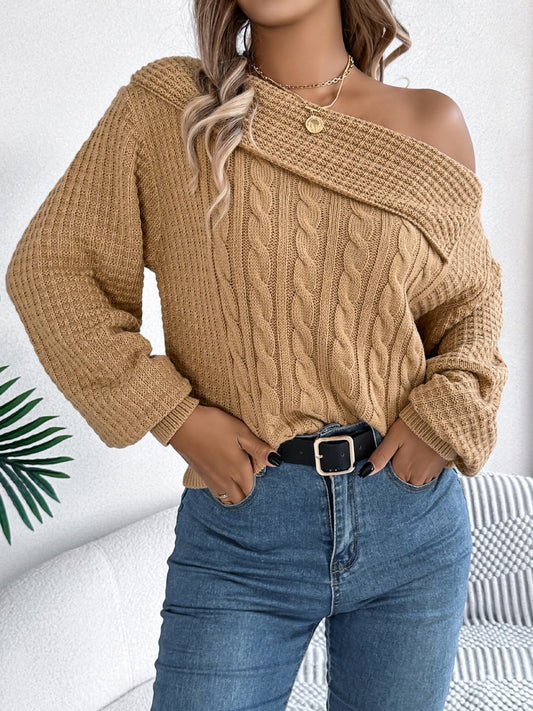 Cable-Knit One Shoulder Long Sleeve Sweater - The Goddess Galleries