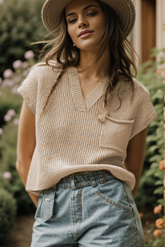Pocketed V-Neck Cap Sleeve Sweater Vest - The Goddess Galleries
