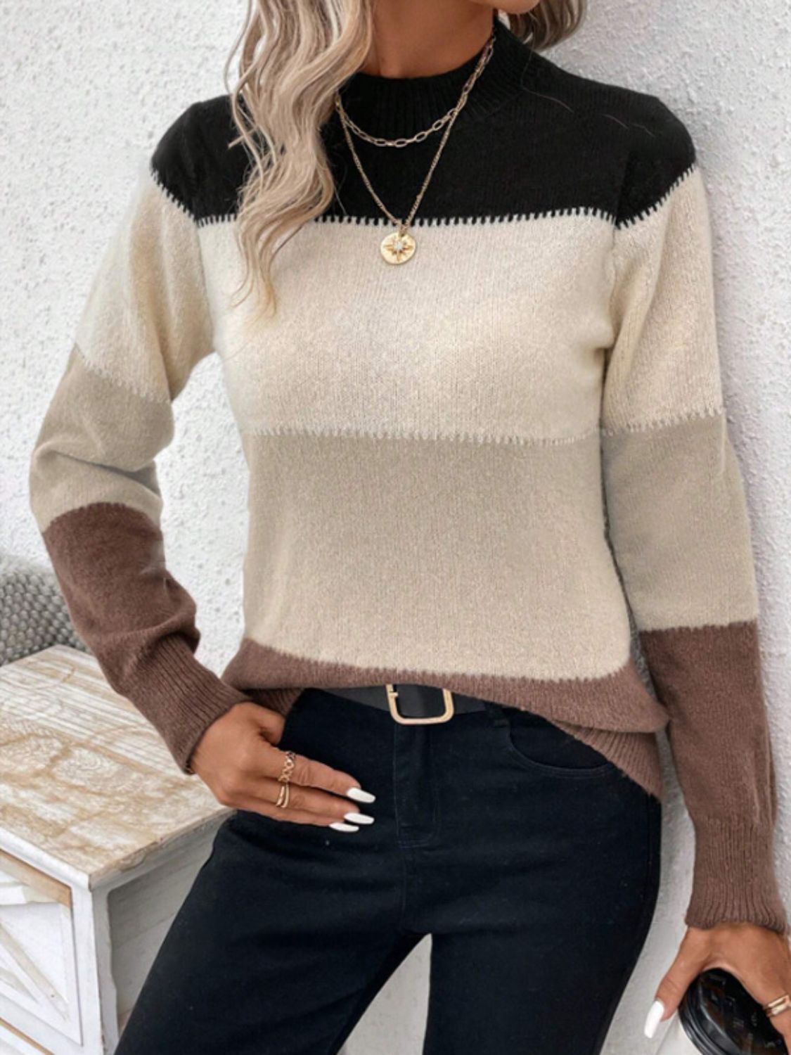 Color Block Mock Neck Long Sleeve Sweater - The Goddess Galleries