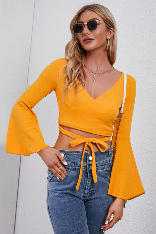 Tie Front Flare Sleeve Cropped Top - The Goddess Galleries