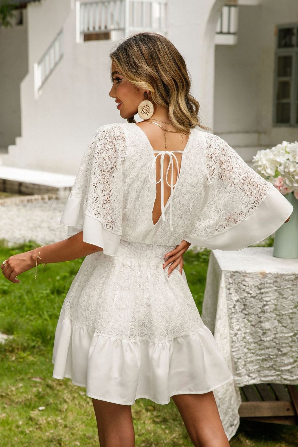 Lace Cutout Surplice Half Sleeve Dress - The Goddess Galleries