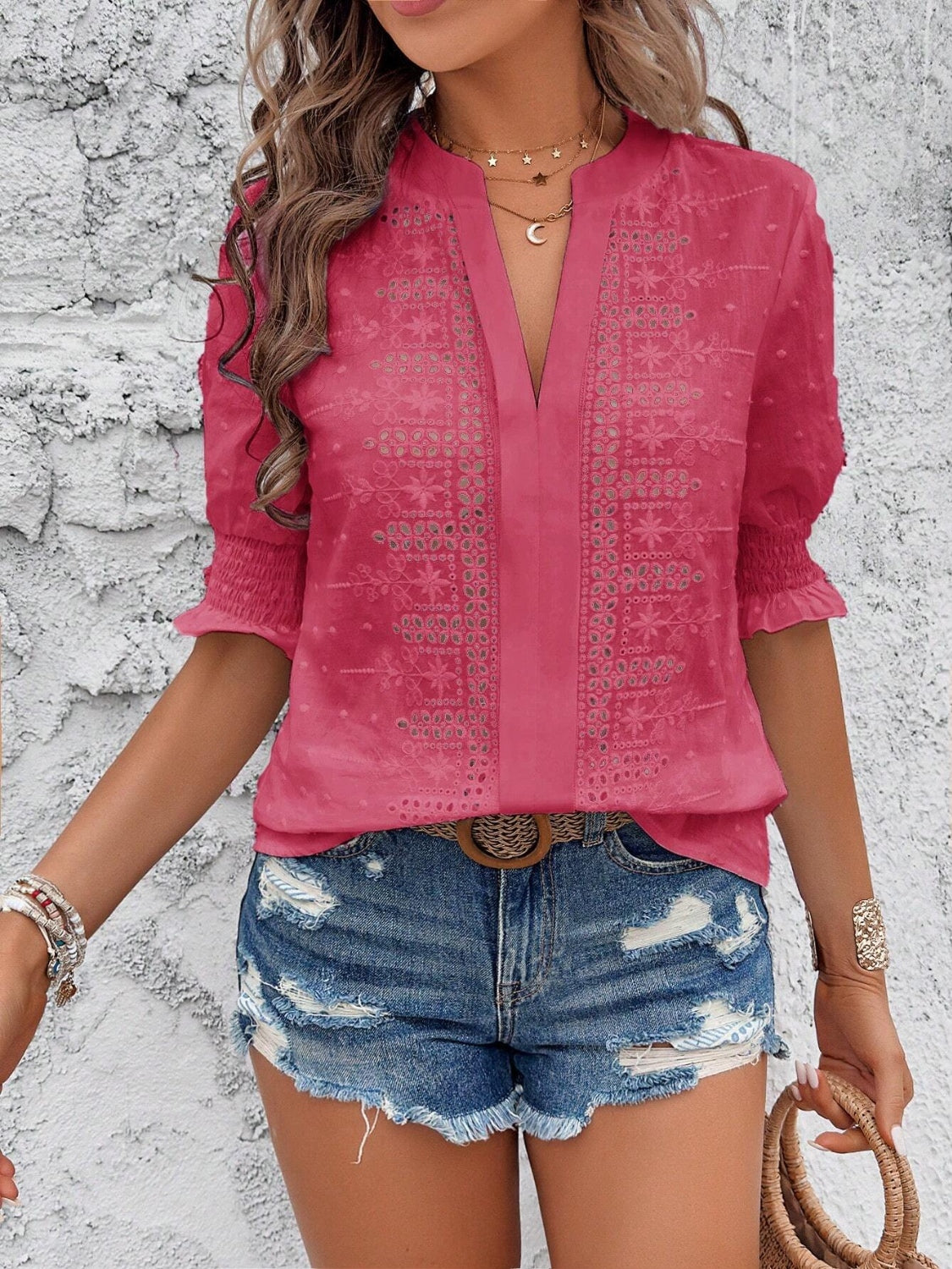 Eyelet Notched Flounce Sleeve Blouse - The Goddess Galleries