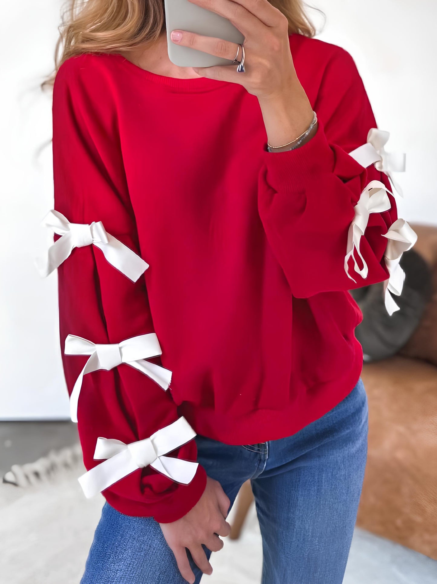 Contrast Bow Round Neck Long Sleeve Sweatshirt - The Goddess Galleries
