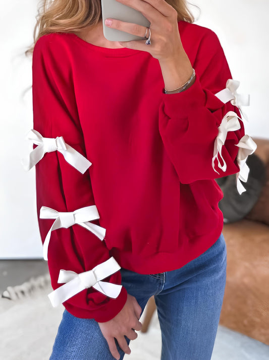 Contrast Bow Round Neck Long Sleeve Sweatshirt - The Goddess Galleries