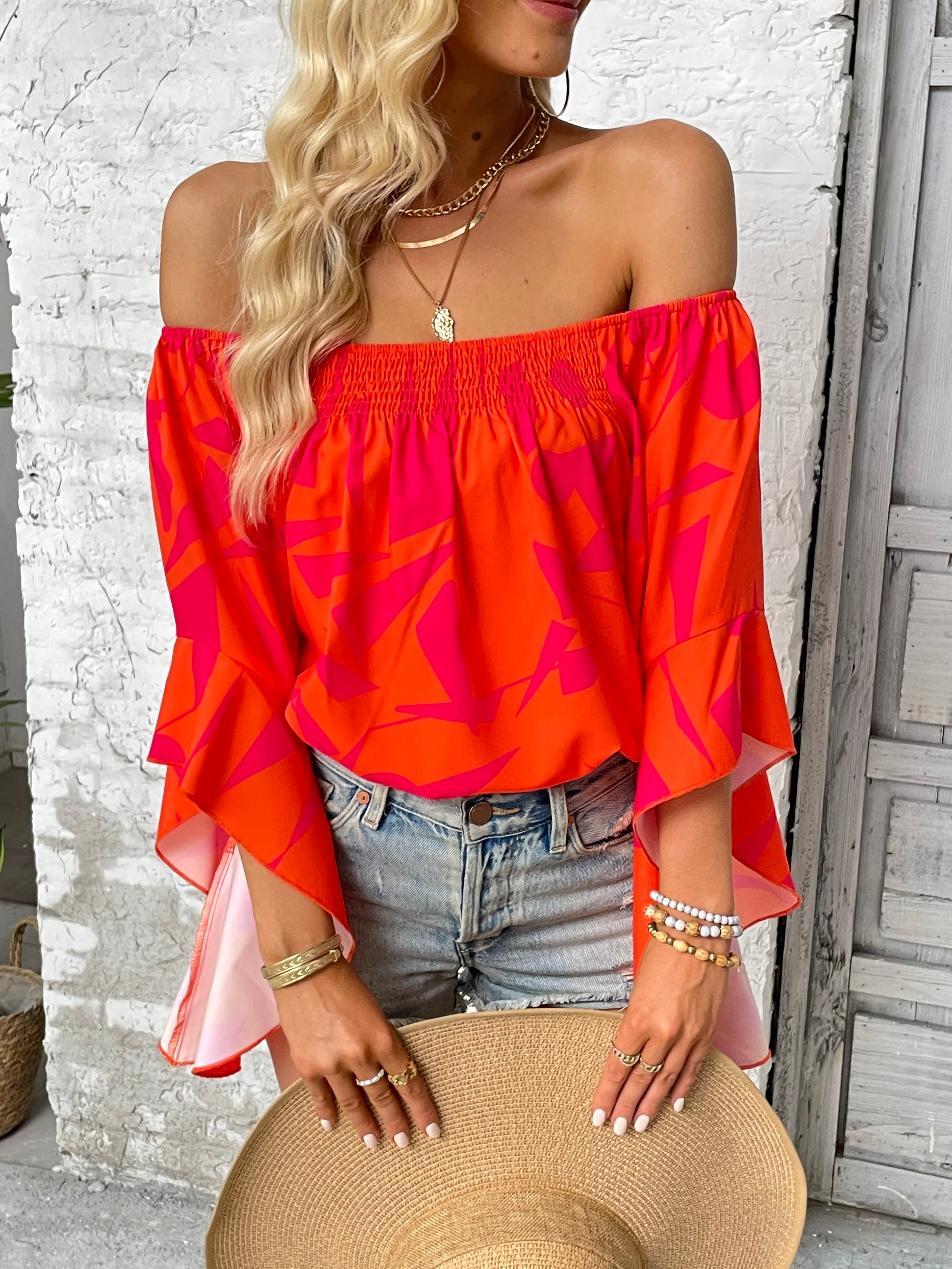 Printed Off-Shoulder Bell Sleeve Blouse - The Goddess Galleries