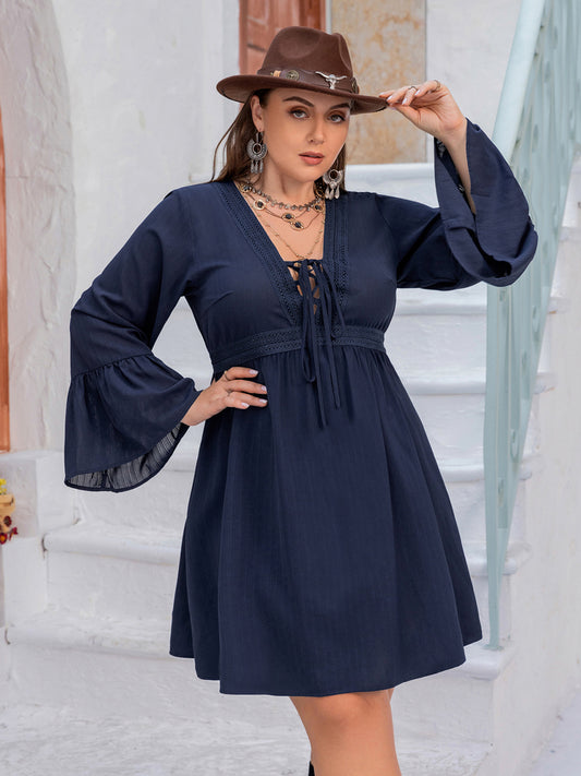 Plus Size Tie Front V-Neck Flare Sleeve Dress - The Goddess Galleries