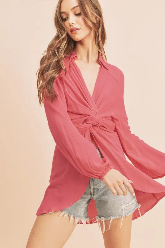 Aemi + Co Tied Collared Neck Long Sleeve Top - The Goddess Galleries